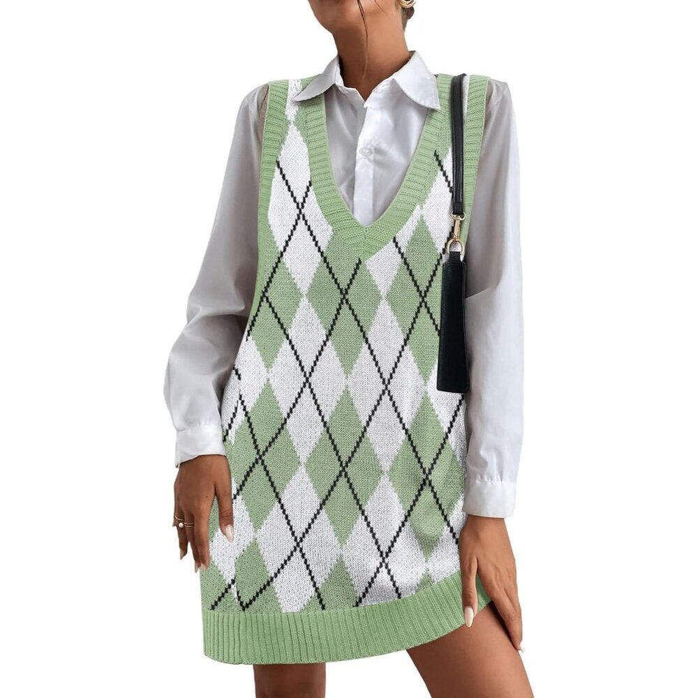 🆕Hotouch Womens Green Argyle V Neck Sleeveless Knitwear Pullover Vest Sweaters